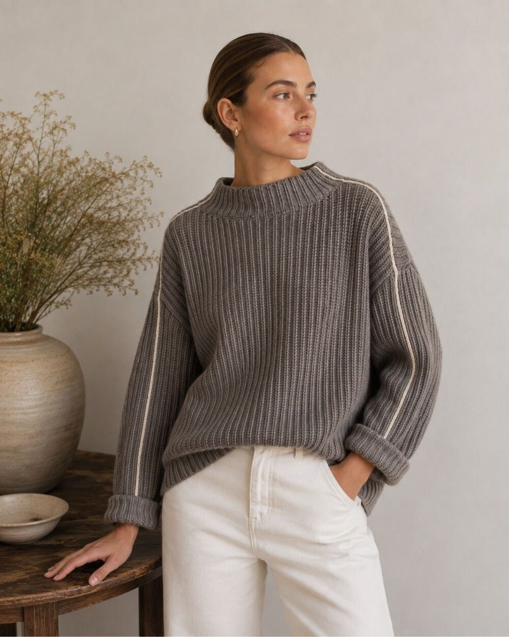 ATM Ribbed Wool Blend Oversized Mock Neck Sweater | Taupe Gray | Cozy Luxury Kni